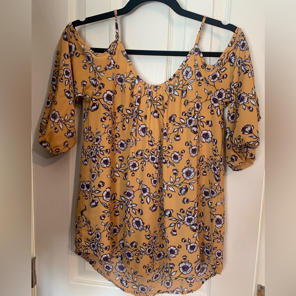 Pink Rose - Mustard off the shoulder Blouse with purple flowers - size S